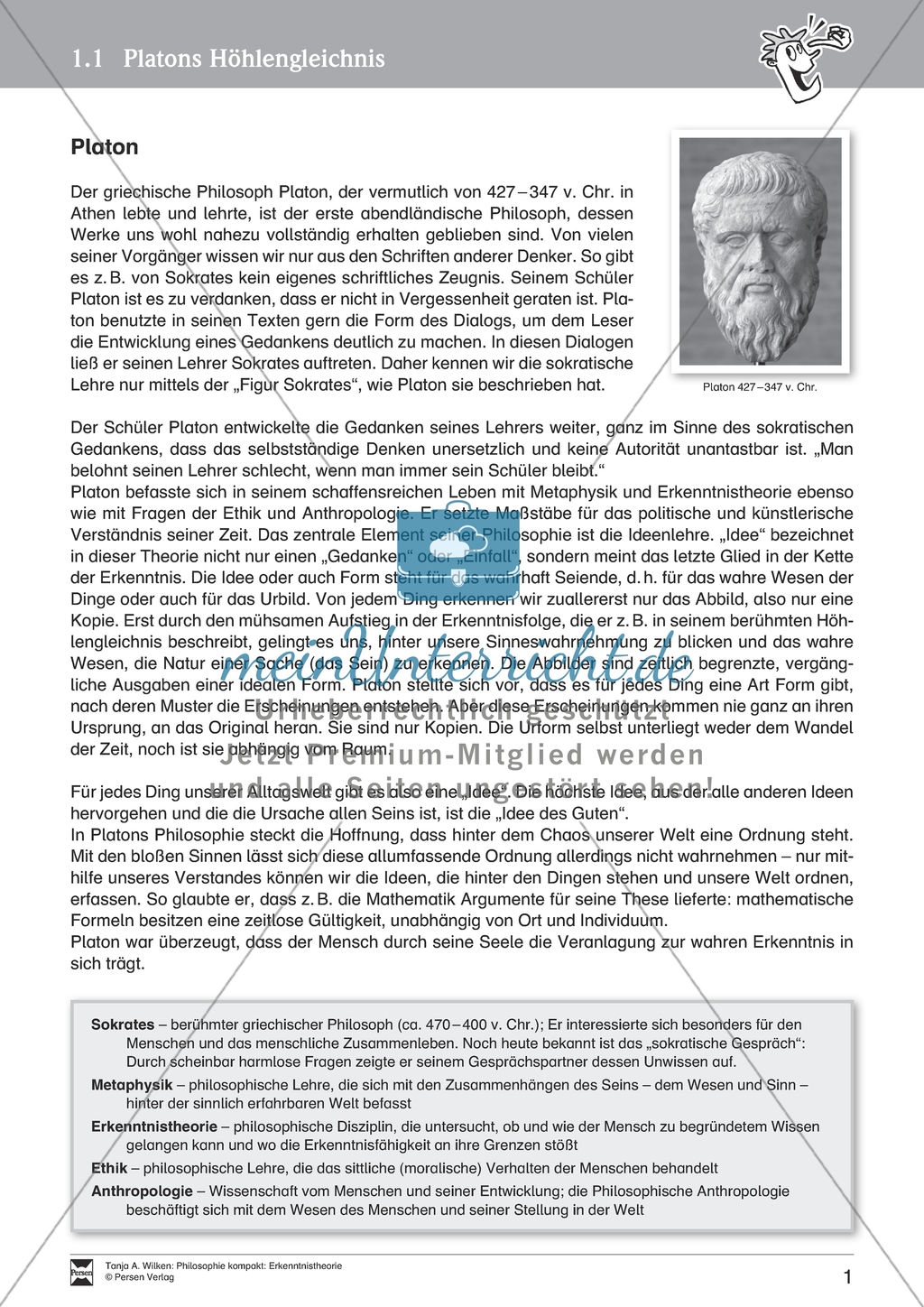 Erkenntnistheorie: Platons Höhlengleichnis. Mit Arbeitsblättern. Preview 1