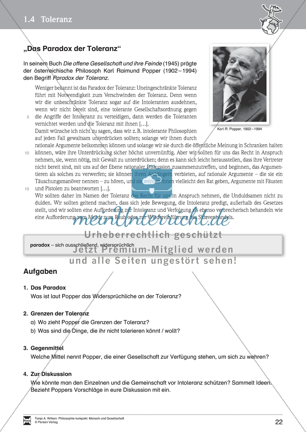 Mensch und Gesellschaft: Einführung in die Bedeutung von Toleranz am Beispiel von Texten von Voltaire und K.R. Popper. Mit Arbeitsblättern und Lösungen. Preview 5