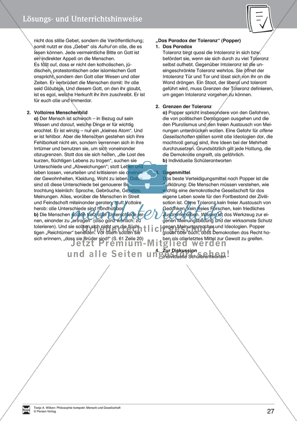 Mensch und Gesellschaft: Einführung in die Bedeutung von Toleranz am Beispiel von Texten von Voltaire und K.R. Popper. Mit Arbeitsblättern und Lösungen. Preview 7