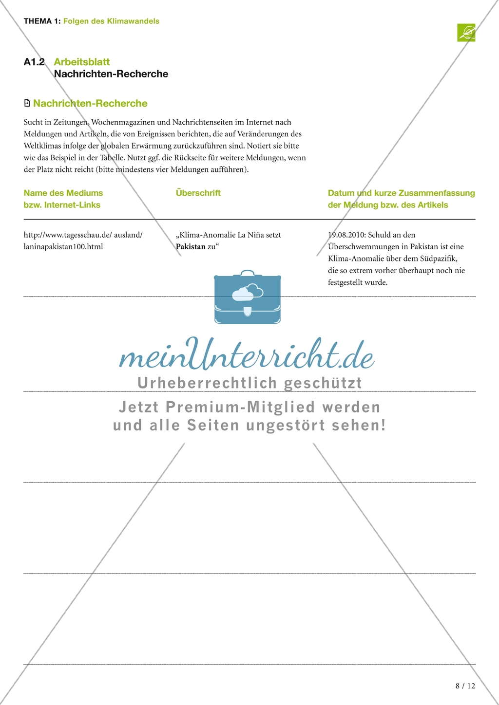 Folgen des Klimawandels: Arbeitsmaterial Preview 1