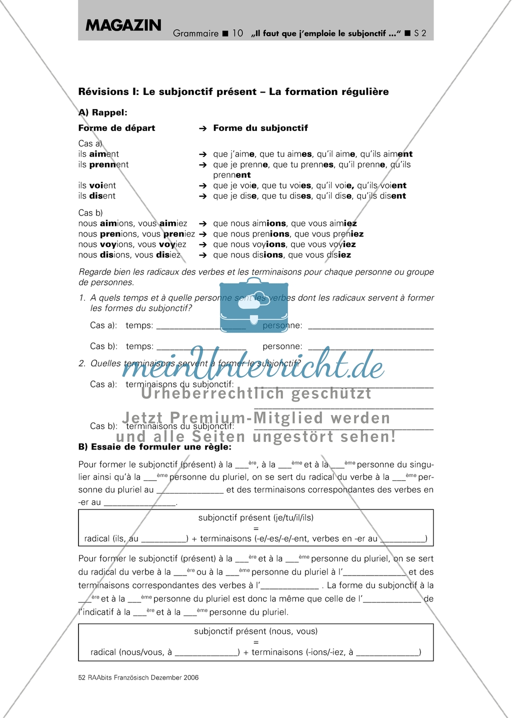 Le subjonctif présent - La formation régulière: Arbeitsblatt mit einer Übersicht zur Bildung, Aufgaben und Lösungen Preview 1