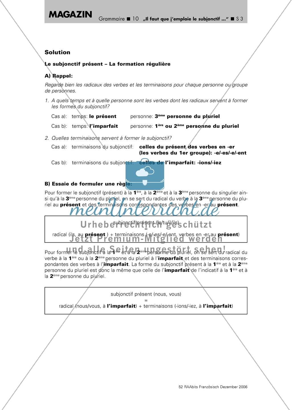 Le subjonctif présent - La formation régulière: Arbeitsblatt mit einer Übersicht zur Bildung, Aufgaben und Lösungen Preview 2