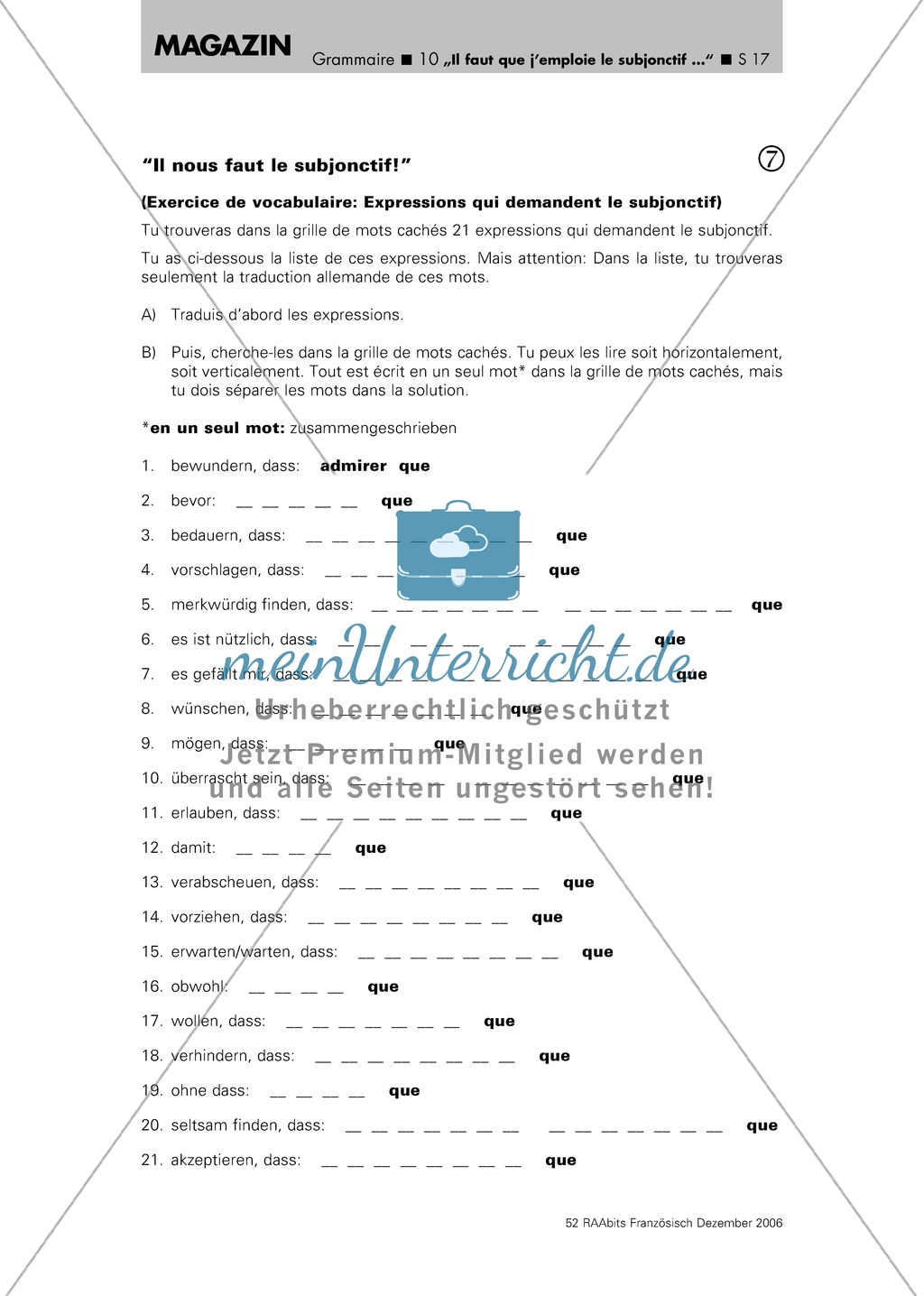 Les déclencheurs du subjonctif - Arbeitsblätter mit Übersetzungsaufgaben, einem Wortsuchrätsel und Lösungen Preview 1