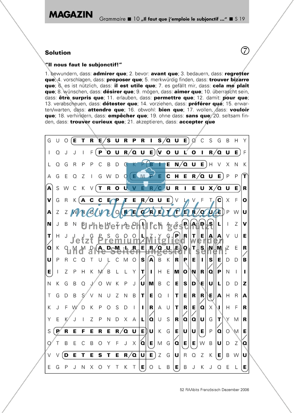 Les déclencheurs du subjonctif - Arbeitsblätter mit Übersetzungsaufgaben, einem Wortsuchrätsel und Lösungen Preview 3