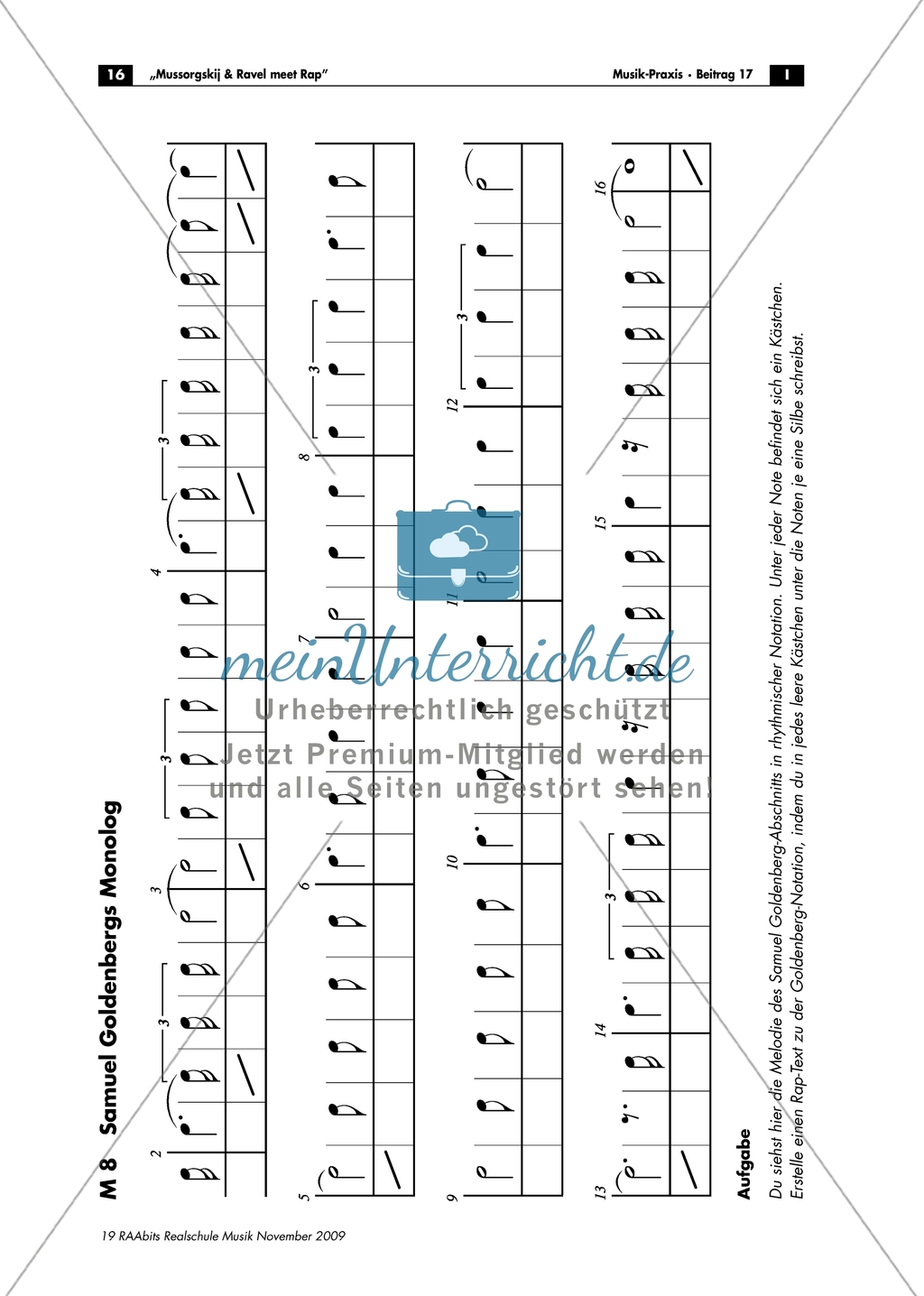 Monolog von Goldenberg - Arbeitsblatt mit Notenfassung und Aufgabe zum Stück aus