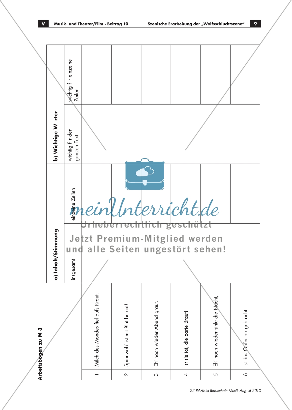 Arbeitsblätter mit Aufgaben und Lösung zur Beschreibung von Deklamation am Beispiel von Webers
