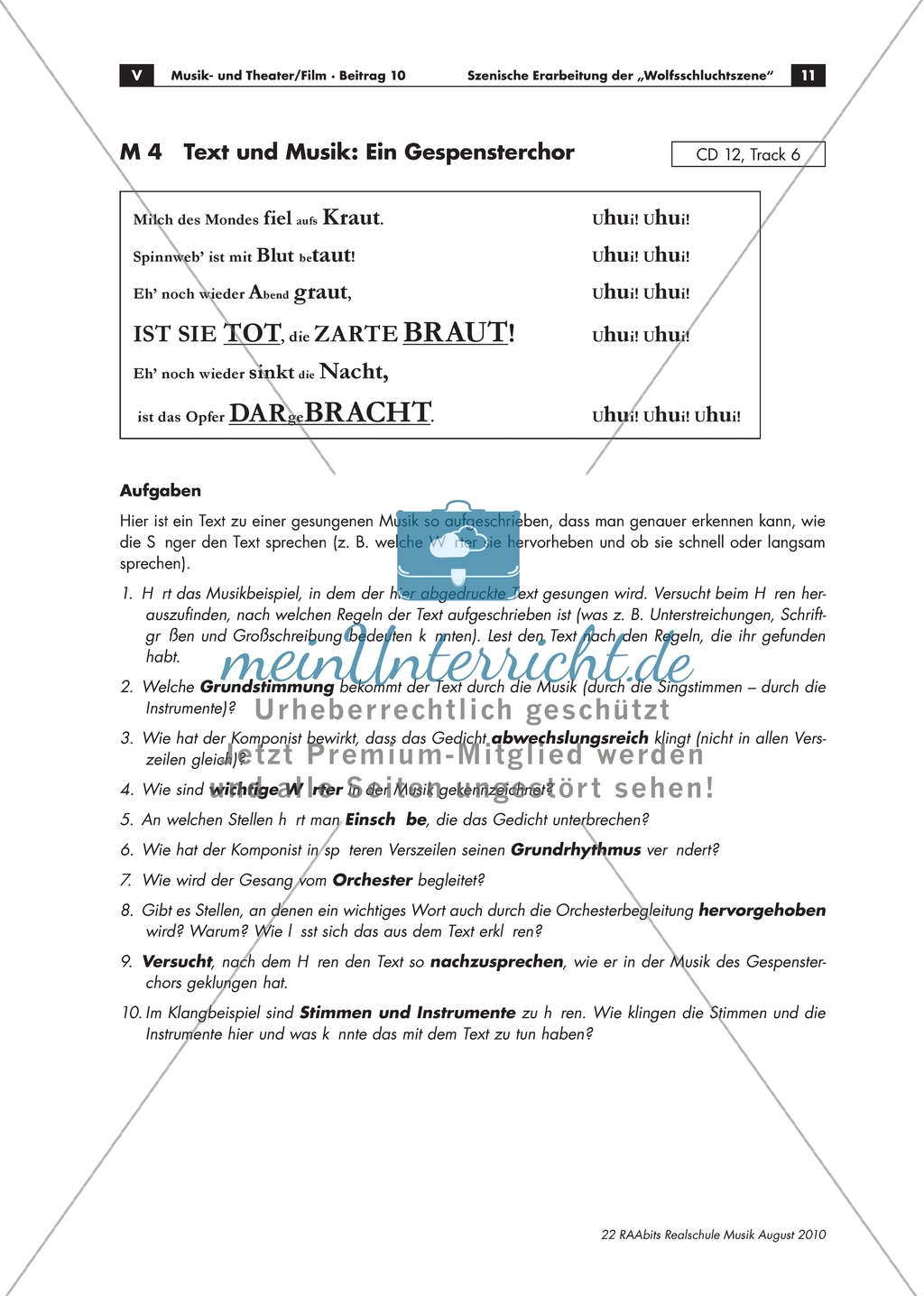 Arbeitsblatt mit Text und Aufgaben zur Differenzierung von textgerechter Deklamation am Bsp. von Webers