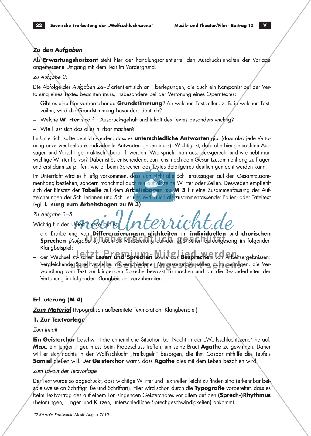 Arbeitsblatt mit Text und Aufgaben zur Differenzierung von textgerechter Deklamation am Bsp. von Webers