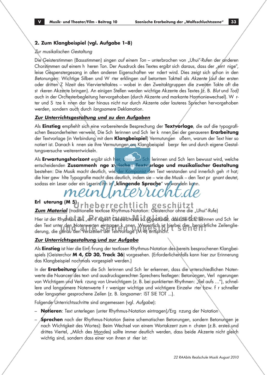 Arbeitsblatt mit Text und Aufgaben zur Differenzierung von textgerechter Deklamation am Bsp. von Webers