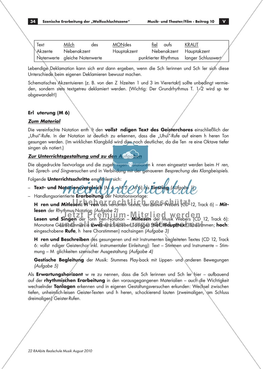 Arbeitsblatt mit Aufgaben zu Deklamationsmöglichkeiten im Gesang auf Ton am Beispiel von Webers