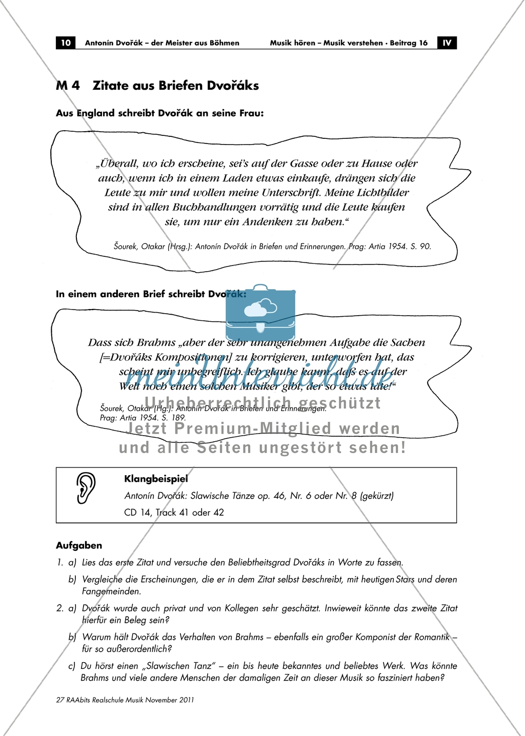 Antonín Dvořák: Zitate aus Briefen. Arbeitsmaterial mit Erläuterungen Preview 1