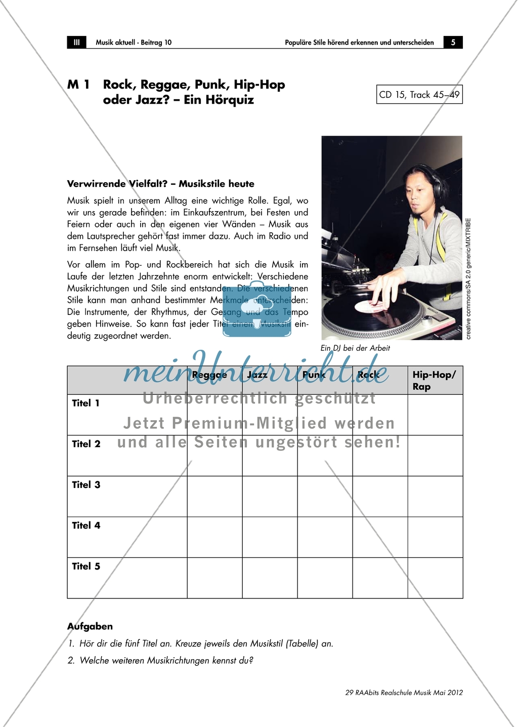 Arbeitsblatt mit Informationstext und verschiedenen Aufträgen zur Einordnung von Musikstücken zu Gattungen. Preview 1