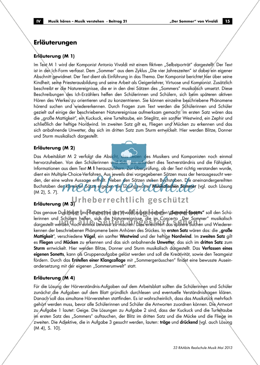 Arbeitsblatt mit Übungen und Lösungen zum simulativen Hörverstehen des Werkes