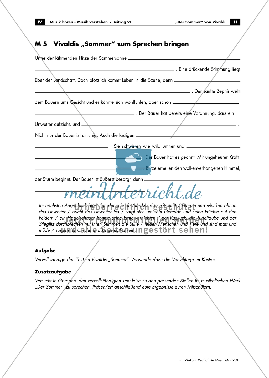 Arbeitsblatt mit Lückentext und Lösungen zur Beschreibung des Werkes