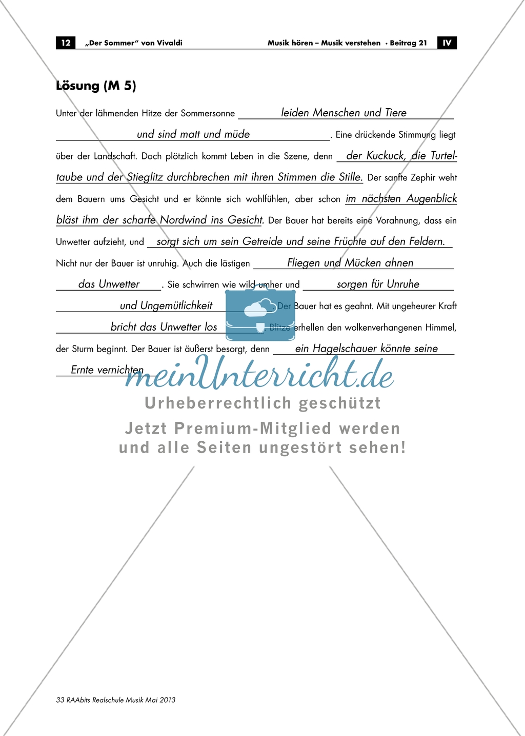 Arbeitsblatt mit Lückentext und Lösungen zur Beschreibung des Werkes