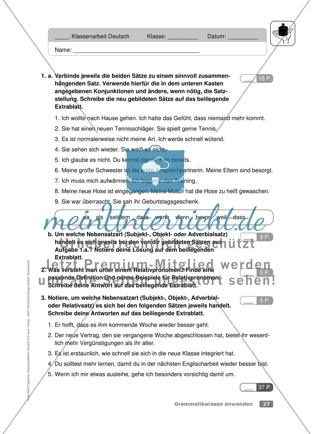 Nebensatzarten: Klassenarbeit (leicht) Preview 1