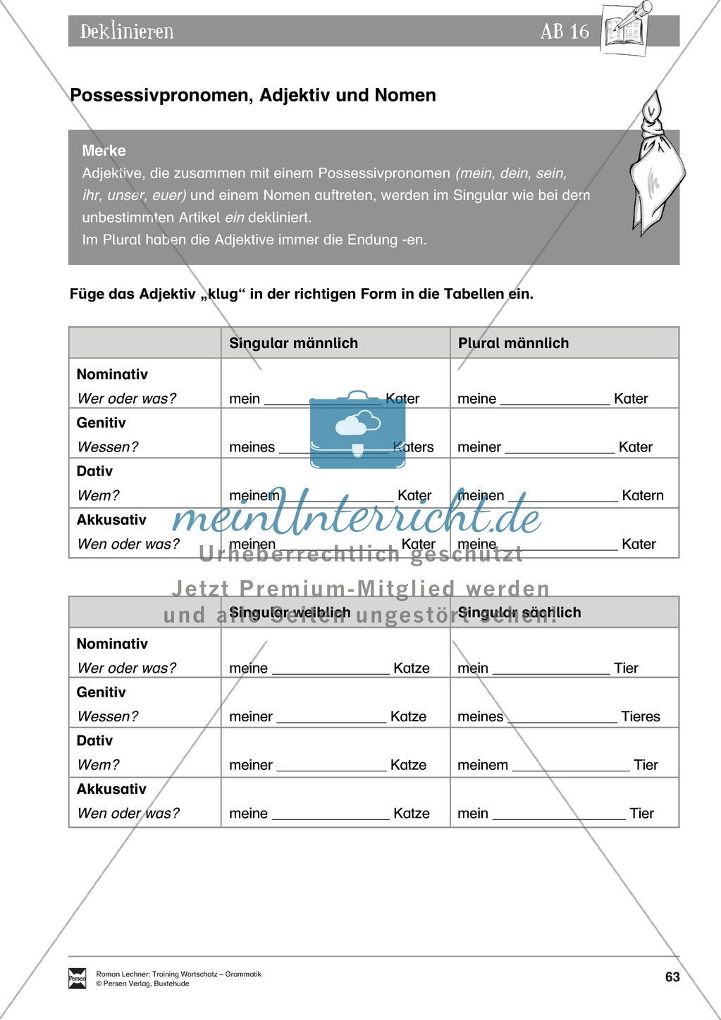 Grammatische Grundfertigkeiten: Deklinieren - Possessivpronomen, Adjektiv und Nomen Preview 1