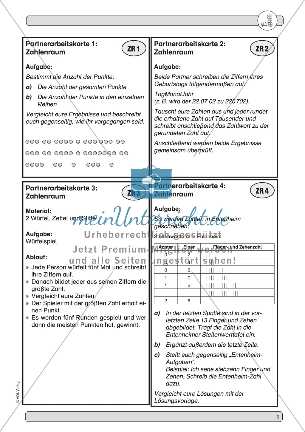 Material zur Verbesserung der Grundfähigkeiten im Zahlenraum - Partneraufgaben. Preview 1