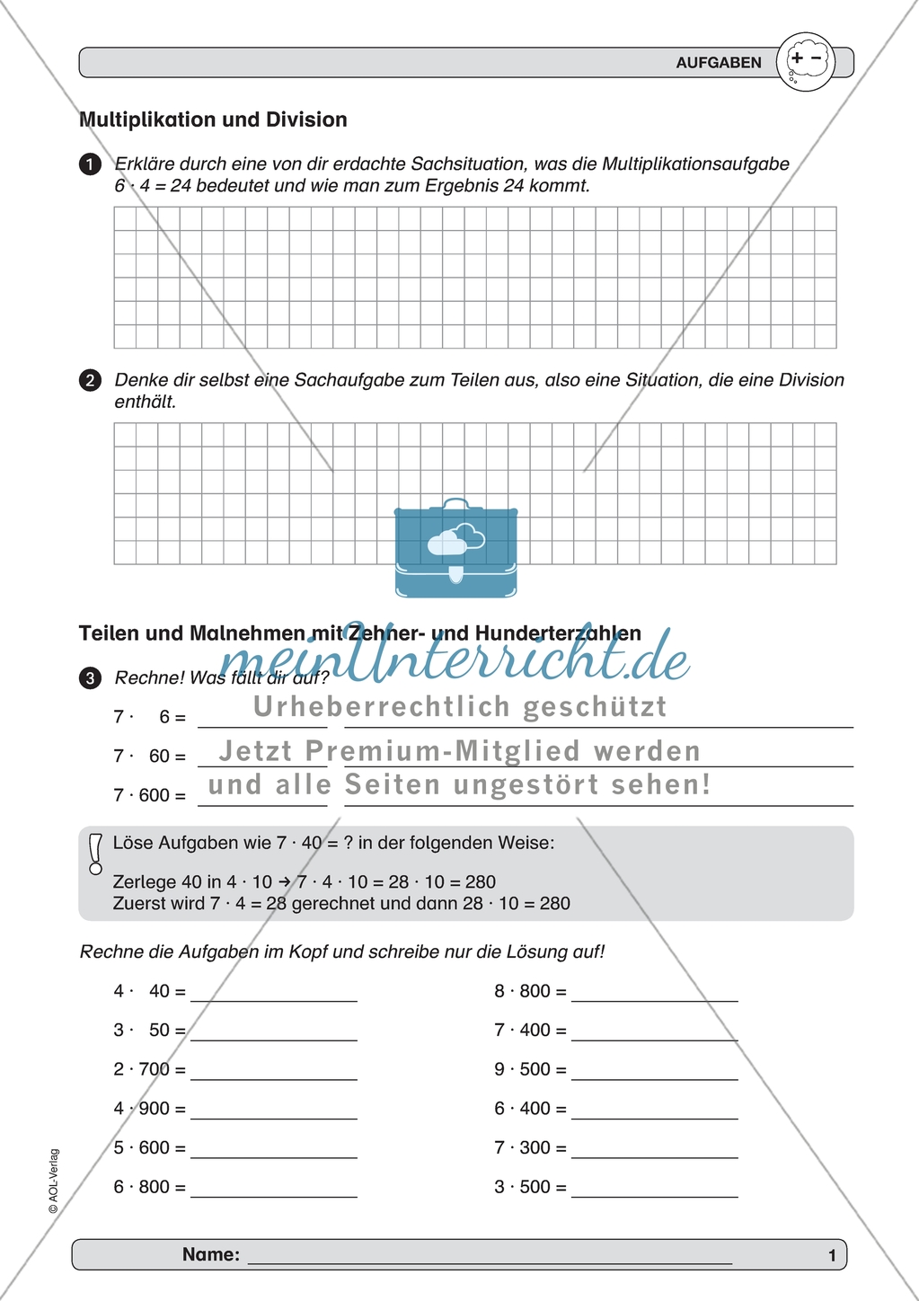 Verbesserung der Grundfähigkeiten im Kopfrechnen - Multiplikation und Division mit Zehner- bzw. Hunderterzahlen. Preview 1