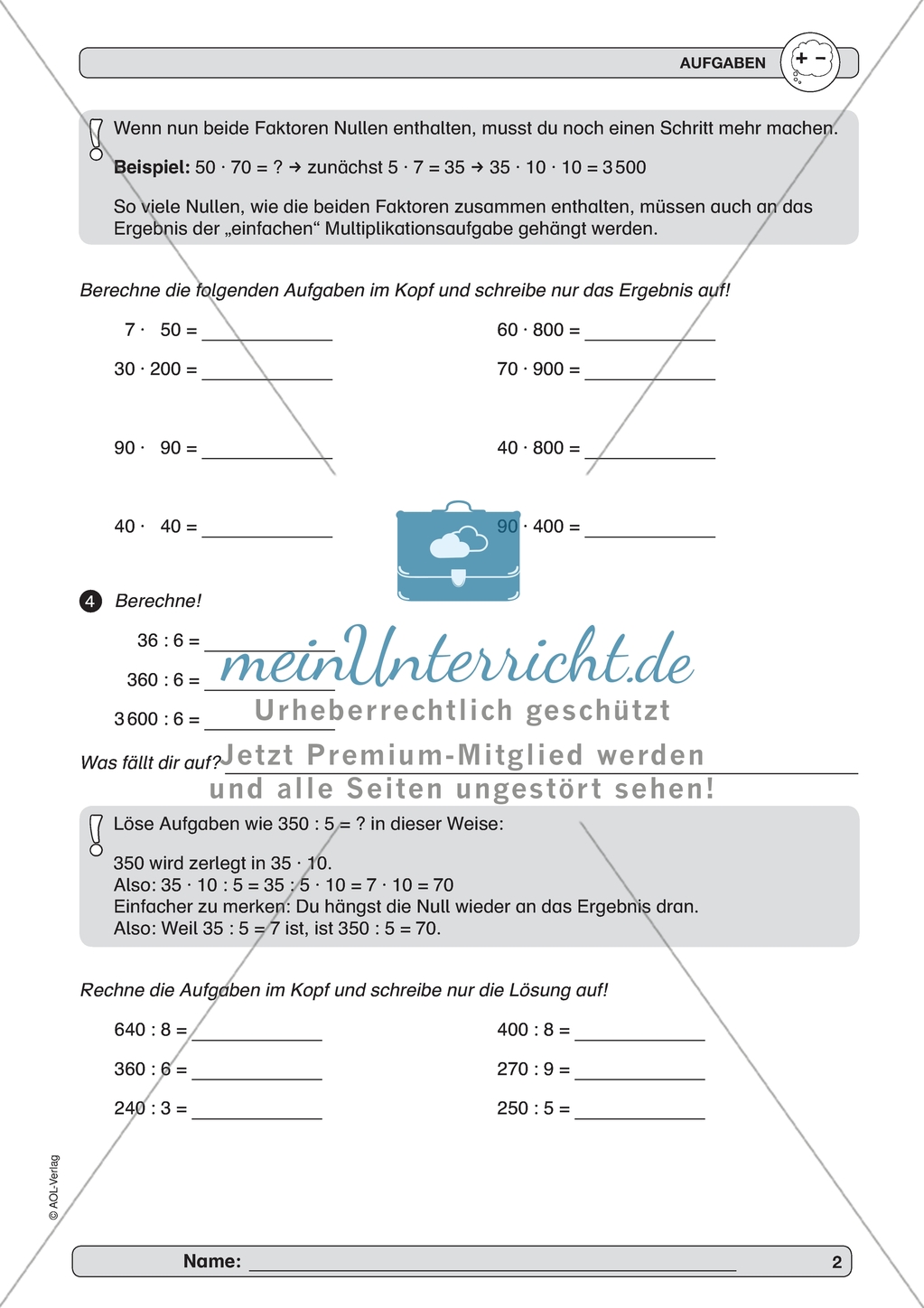 Verbesserung der Grundfähigkeiten im Kopfrechnen - Multiplikation und Division mit Zehner- bzw. Hunderterzahlen. Preview 2