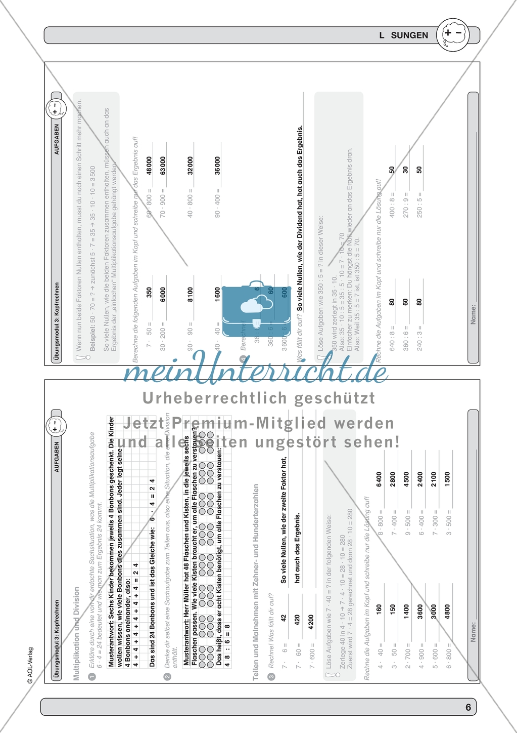 Verbesserung der Grundfähigkeiten im Kopfrechnen - Multiplikation und Division mit Zehner- bzw. Hunderterzahlen. Preview 4