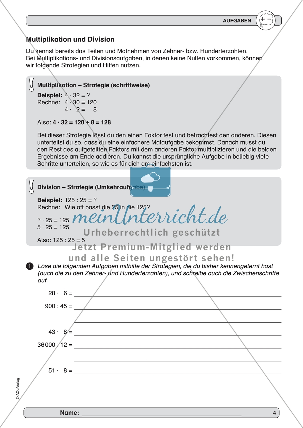 Verbesserung der Grundfähigkeiten im Kopfrechnen - Multiplikation und Divisionohne Nullstellen. Preview 2