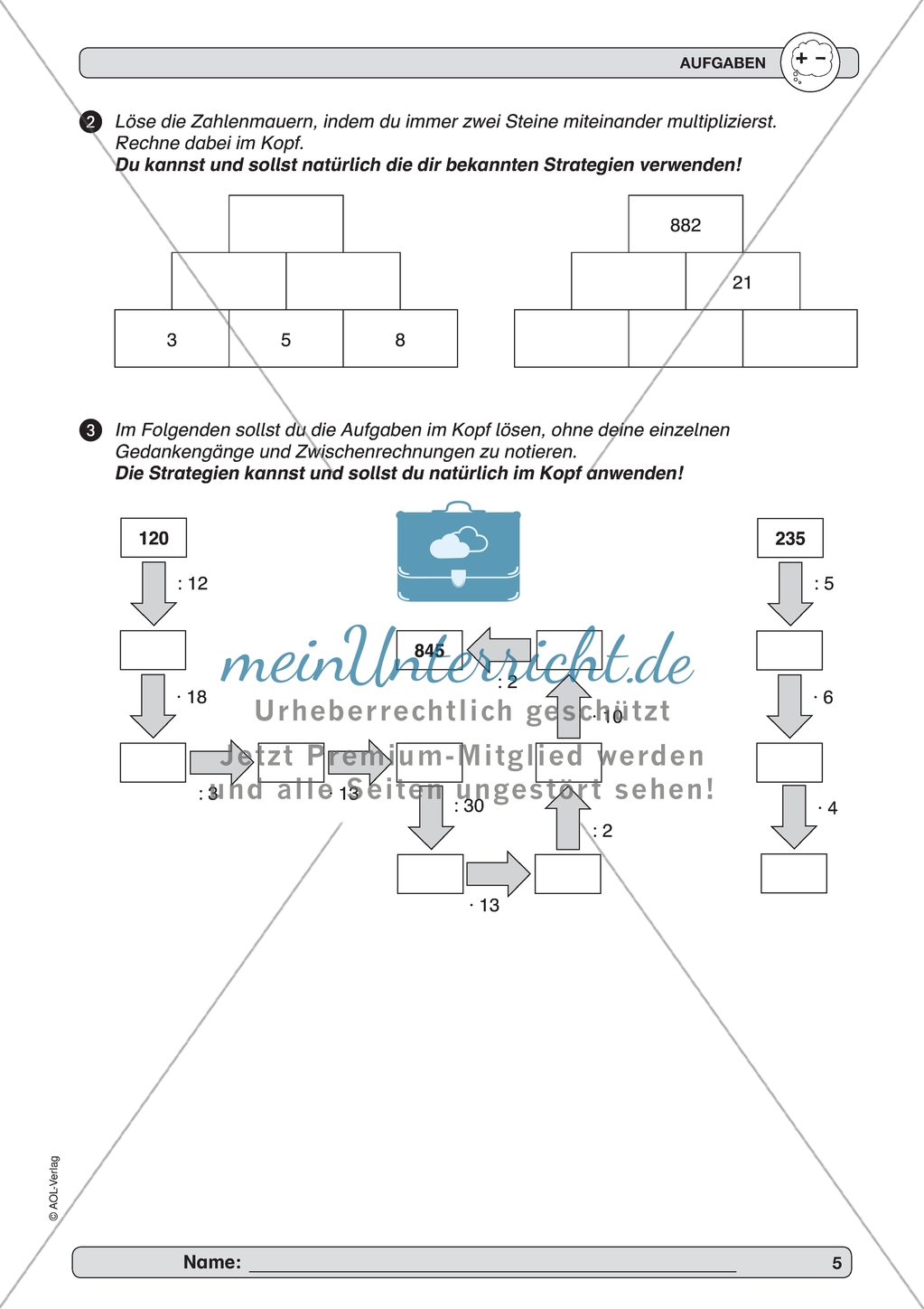 Verbesserung der Grundfähigkeiten im Kopfrechnen - Multiplikation und Divisionohne Nullstellen. Preview 3