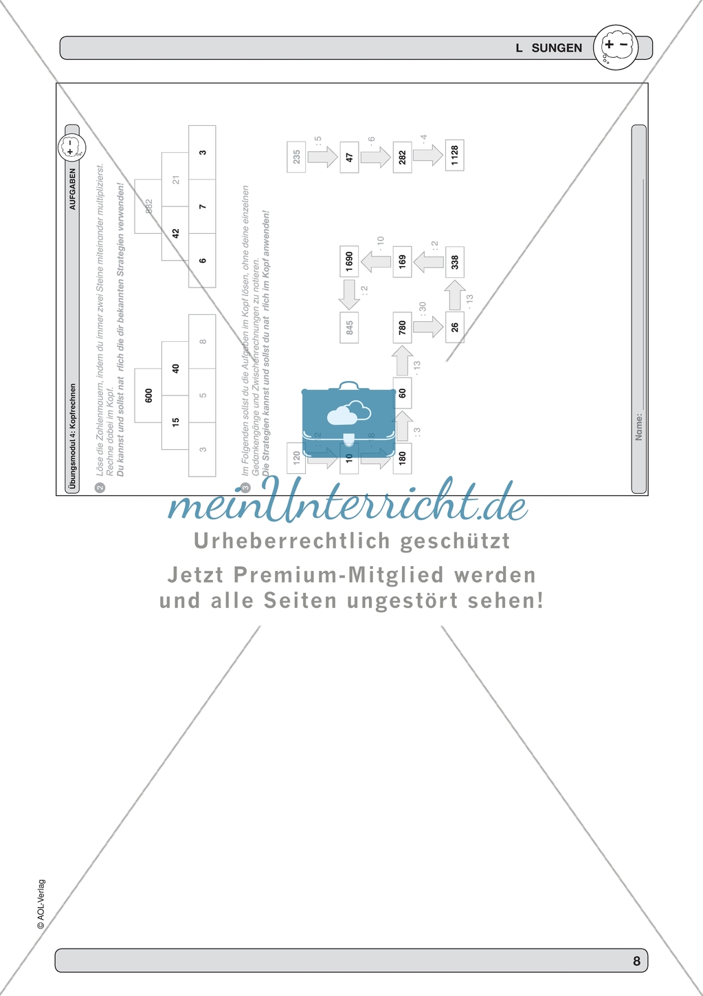 Verbesserung der Grundfähigkeiten im Kopfrechnen - Multiplikation und Divisionohne Nullstellen. Preview 6