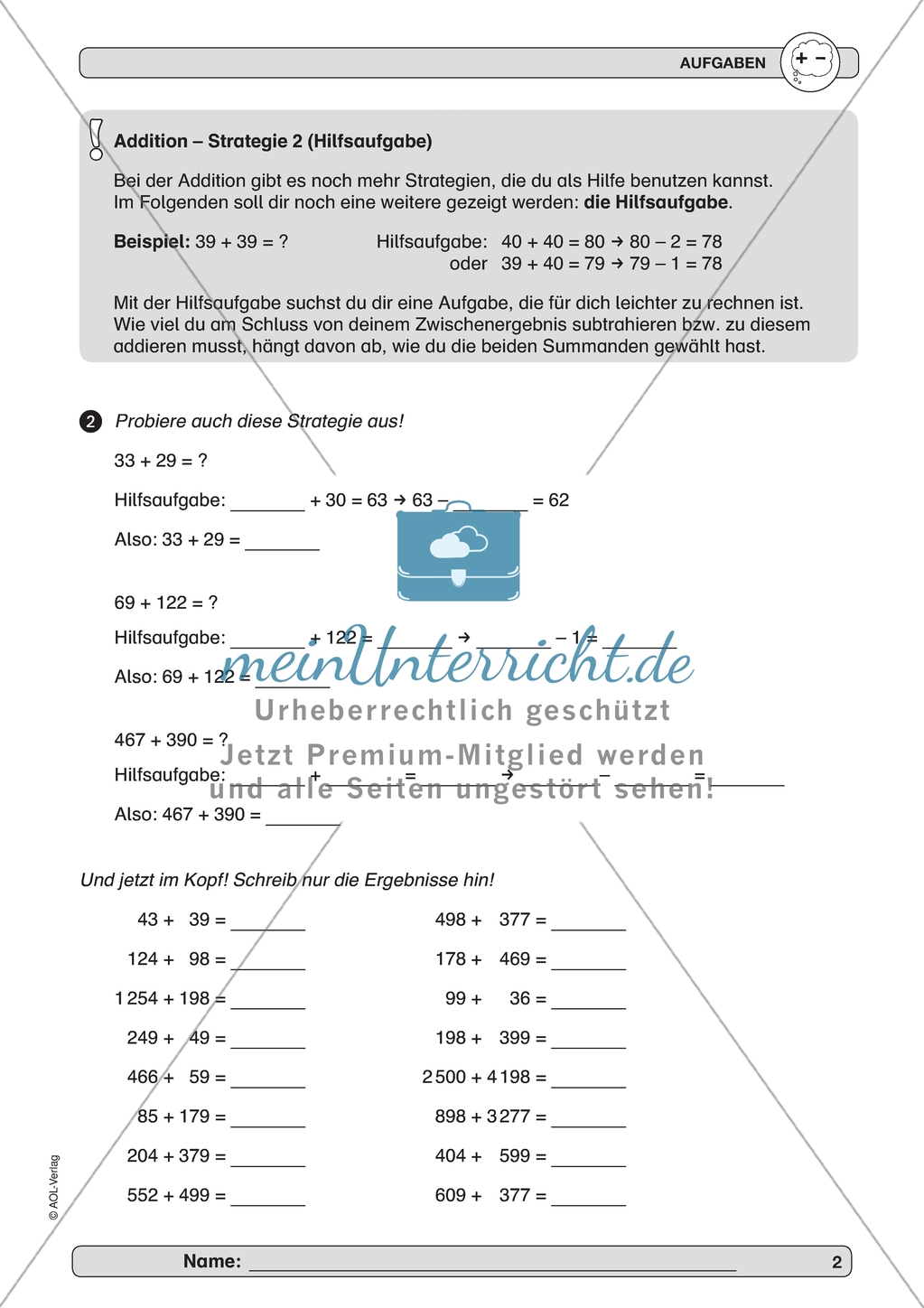 Material zur Verbesserung der Grundfähigkeiten im Kopfrechnen - Addition. Preview 2