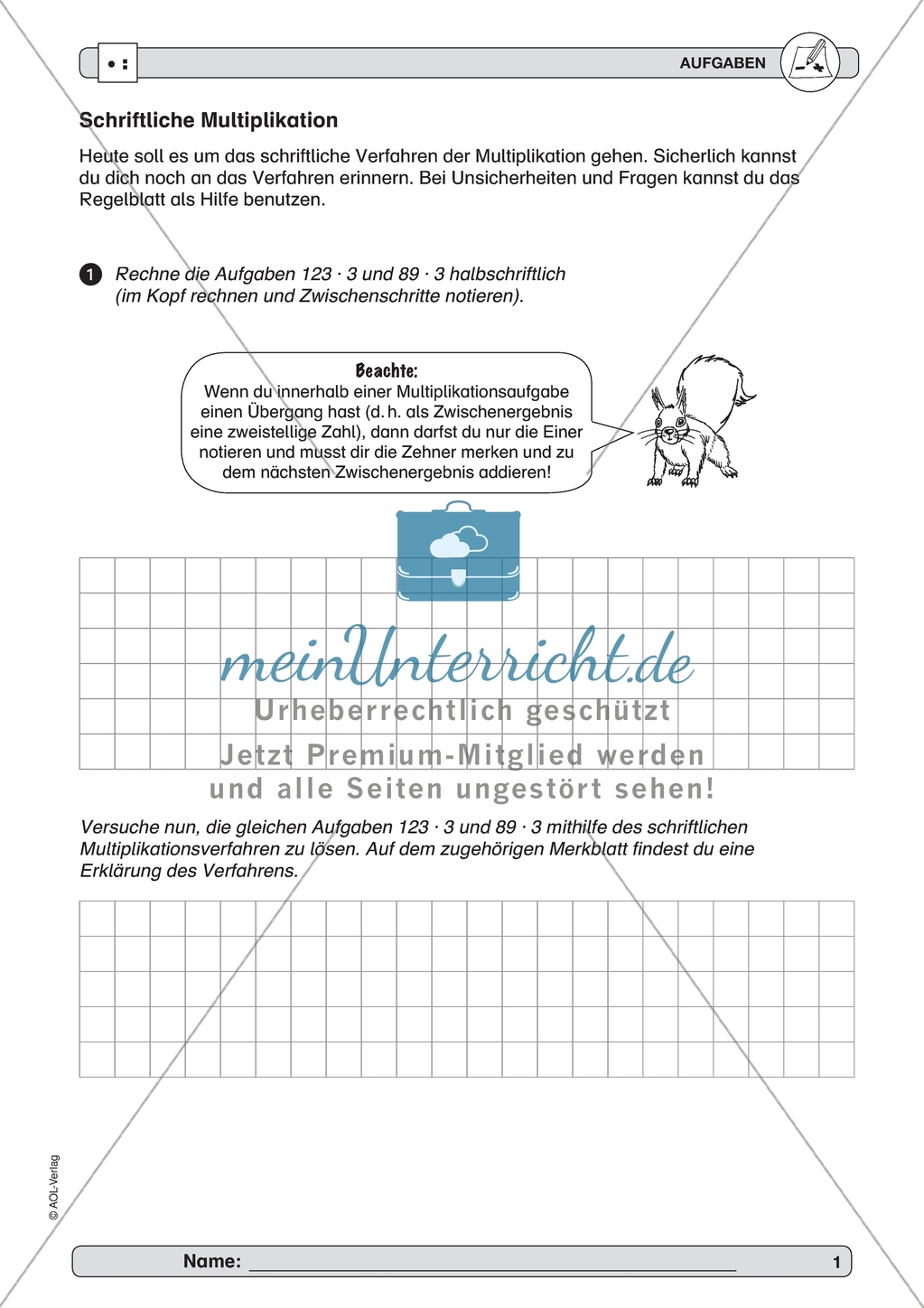 Material zur Verbesserung der schiftlichen Rechenverfahren - erste Übungen zum Multiplikationsverfahren. Preview 1