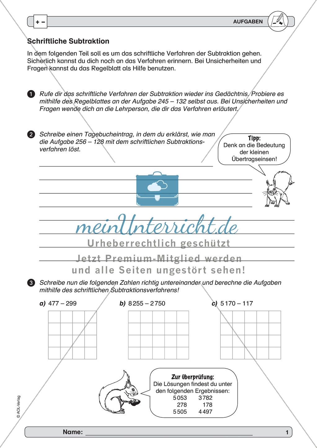 Material zur Verbesserung der schiftlichen Rechenverfahren - erste Übungen zum schriftlichen Subtraktionsverfahren. Preview 1