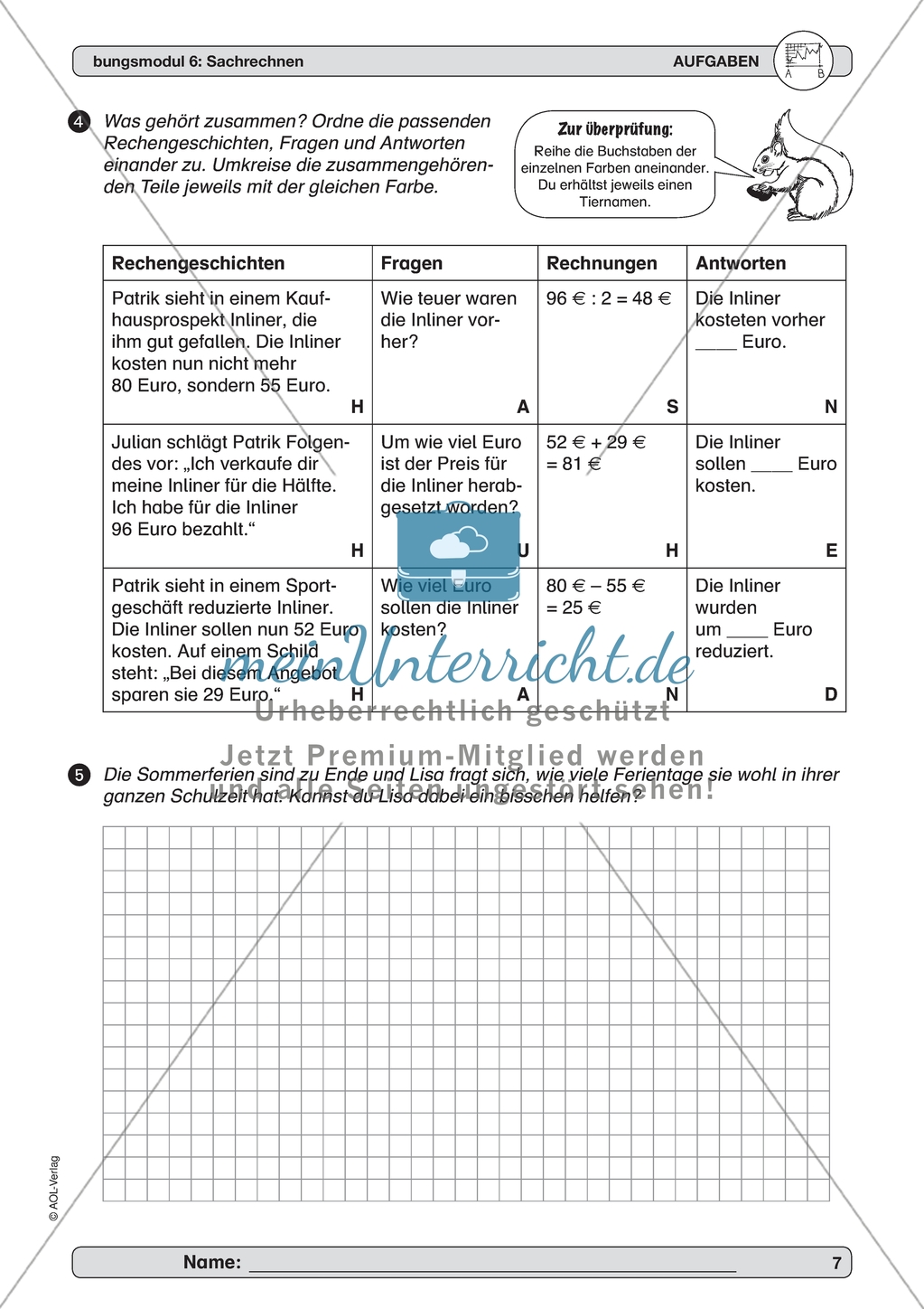 Material zur Verbesseung der Sachrechenkompetenz - Fragen, Rechnungen und
Antworten den passenden Sachsituationen zuordnen. Preview 4