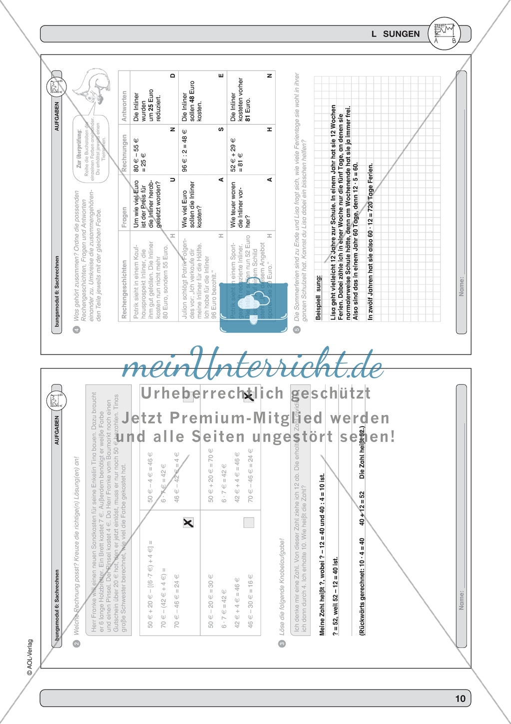 Material zur Verbesseung der Sachrechenkompetenz - Fragen, Rechnungen und
Antworten den passenden Sachsituationen zuordnen. Preview 6