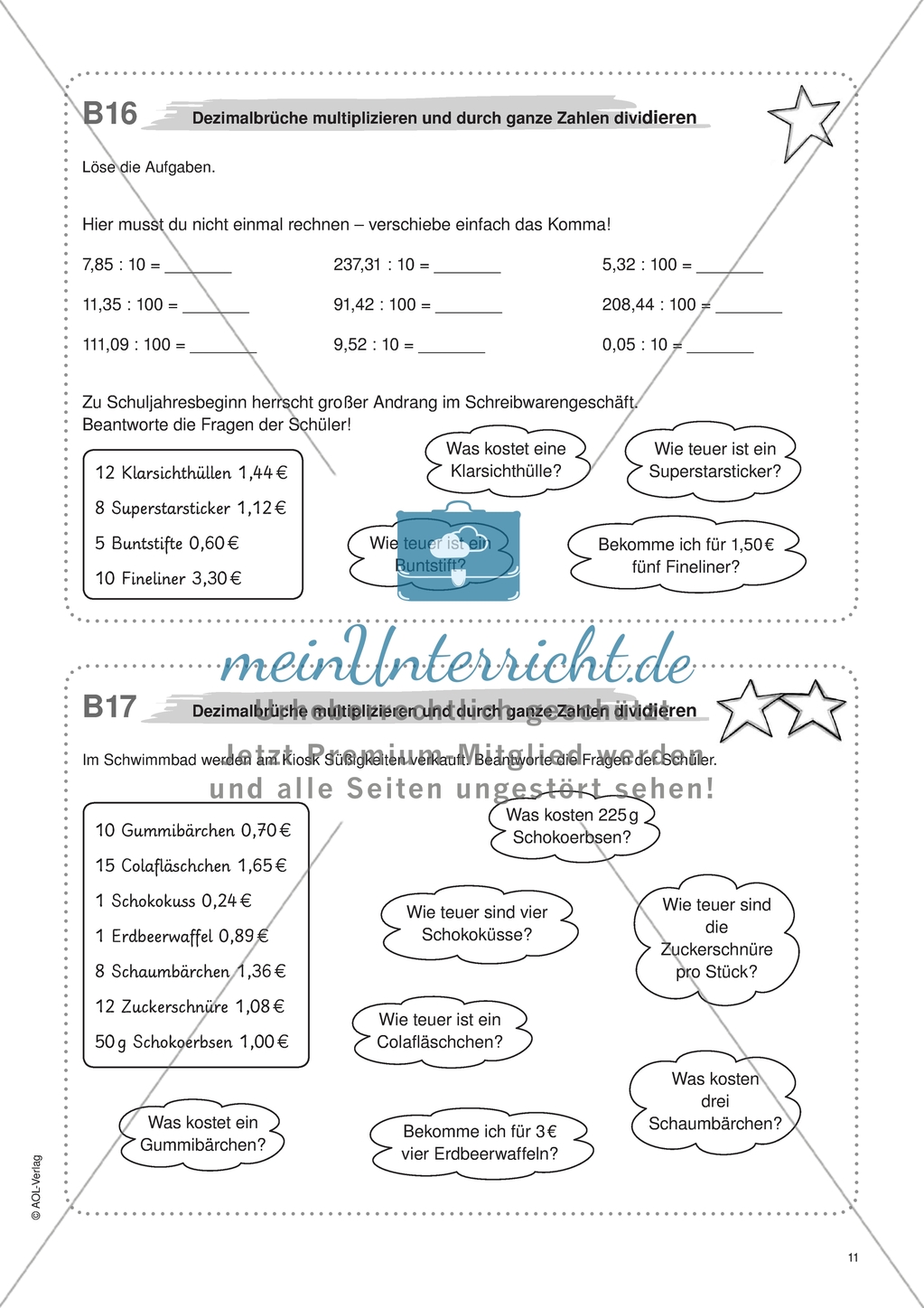 Material für eine Freiarbeit zum Thema Dezimalbrüche - Brüche multiplizieren und dividieren. Preview 2