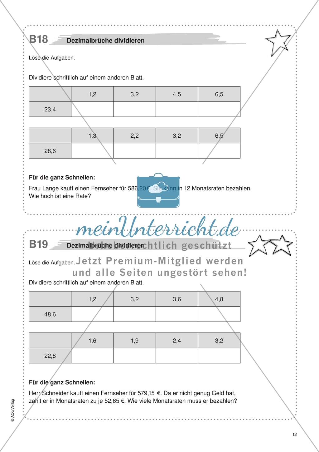 Material für eine Freiarbeit zum Thema Dezimalbrüche - Brüche multiplizieren und dividieren. Preview 3