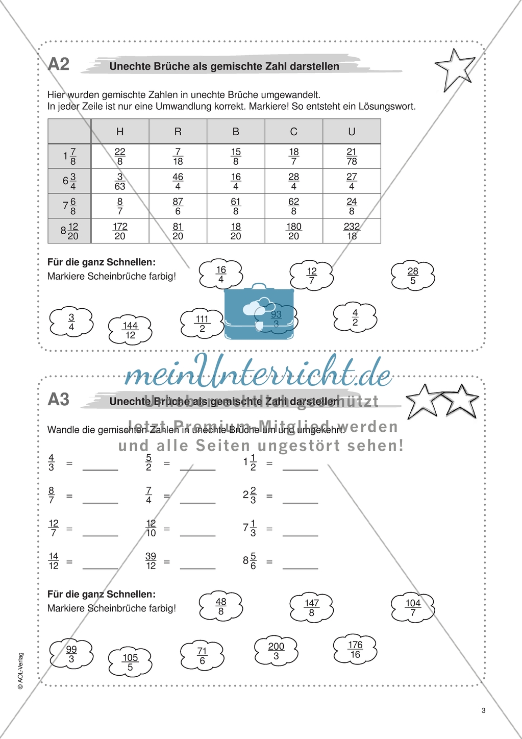 Material für eine Freiarbeit zum Thema Bruchzahlen - Unechte Brüche als gemischte Zahl darstellen. Preview 1