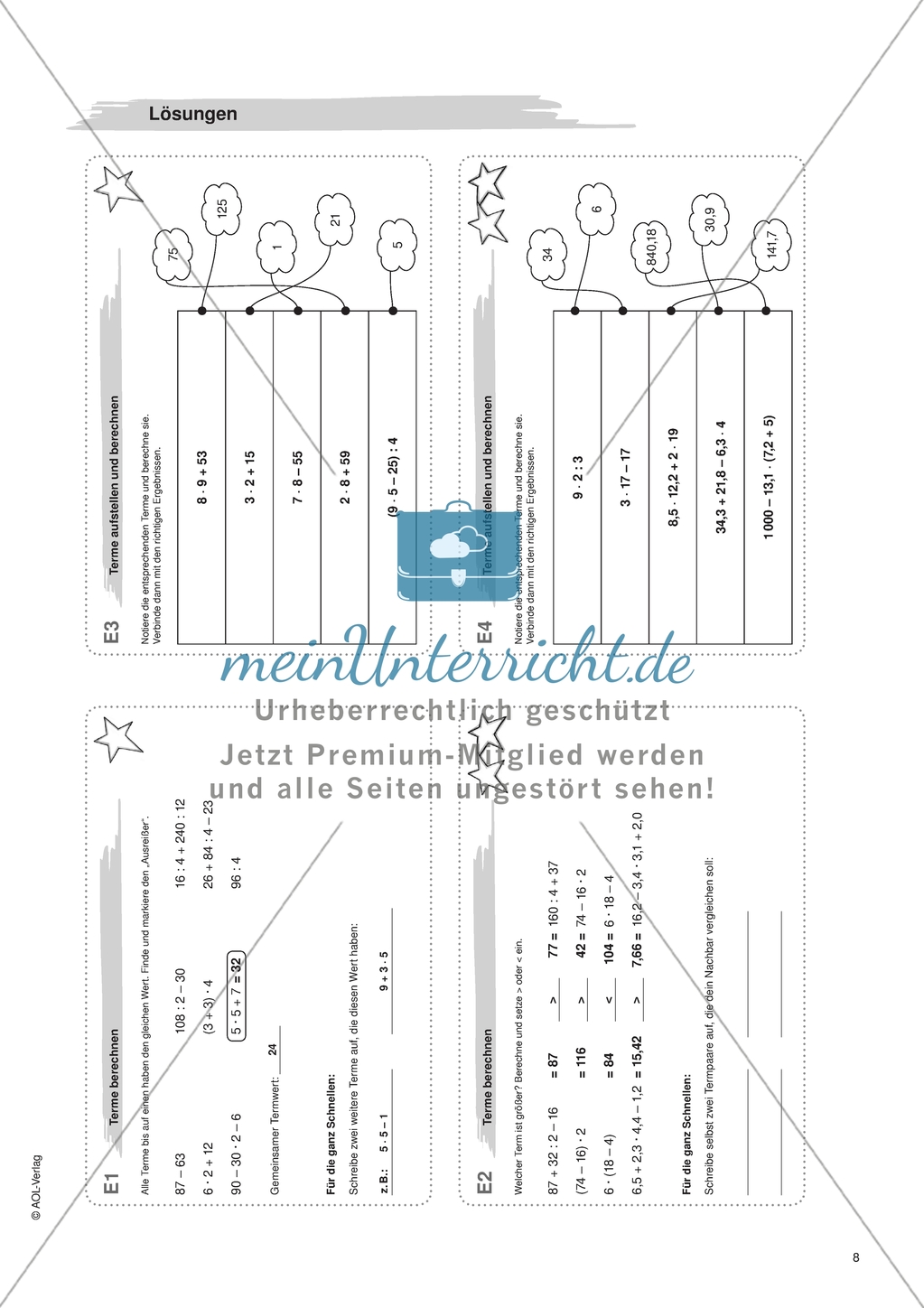Material für eine Freiarbeit zum Thema Terme und Gleichungen - Terme aufstellen und berechnen. Preview 2