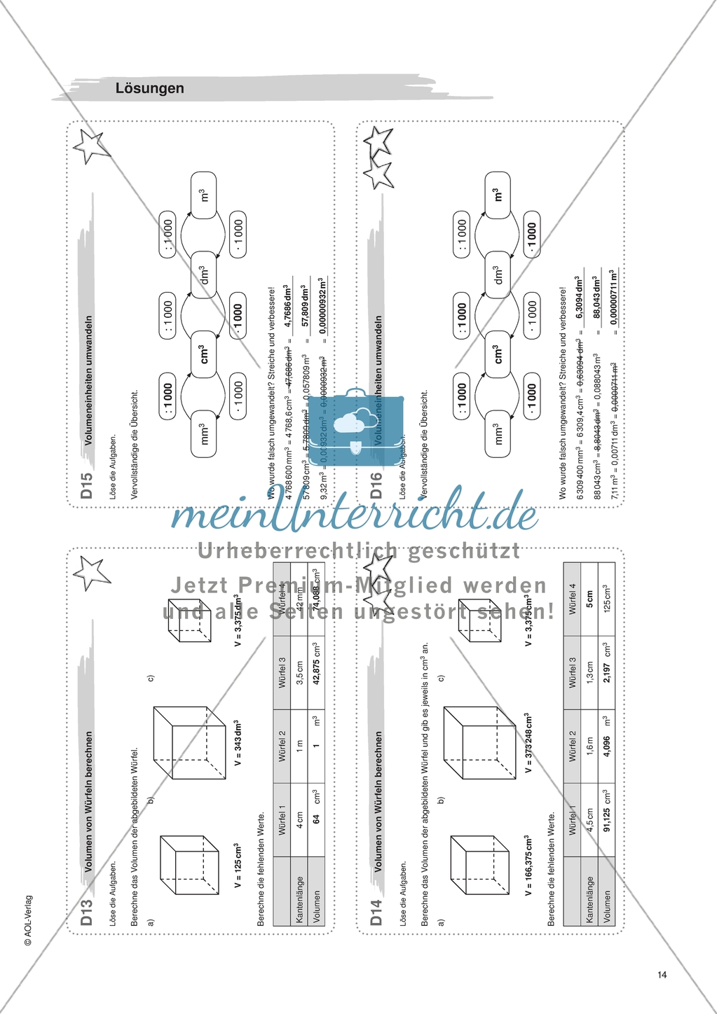 Material für eine Freiarbeit zum Thema Würfel und Quader - Volumeneinheiten umwandeln. Preview 2