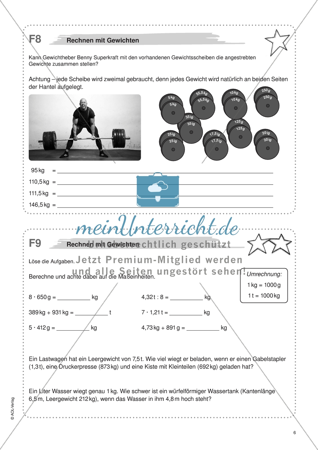 Material für eine Freiarbeit zum Thema Sachbezogene Mathematik - Rechnen mit Gewichten. Preview 1