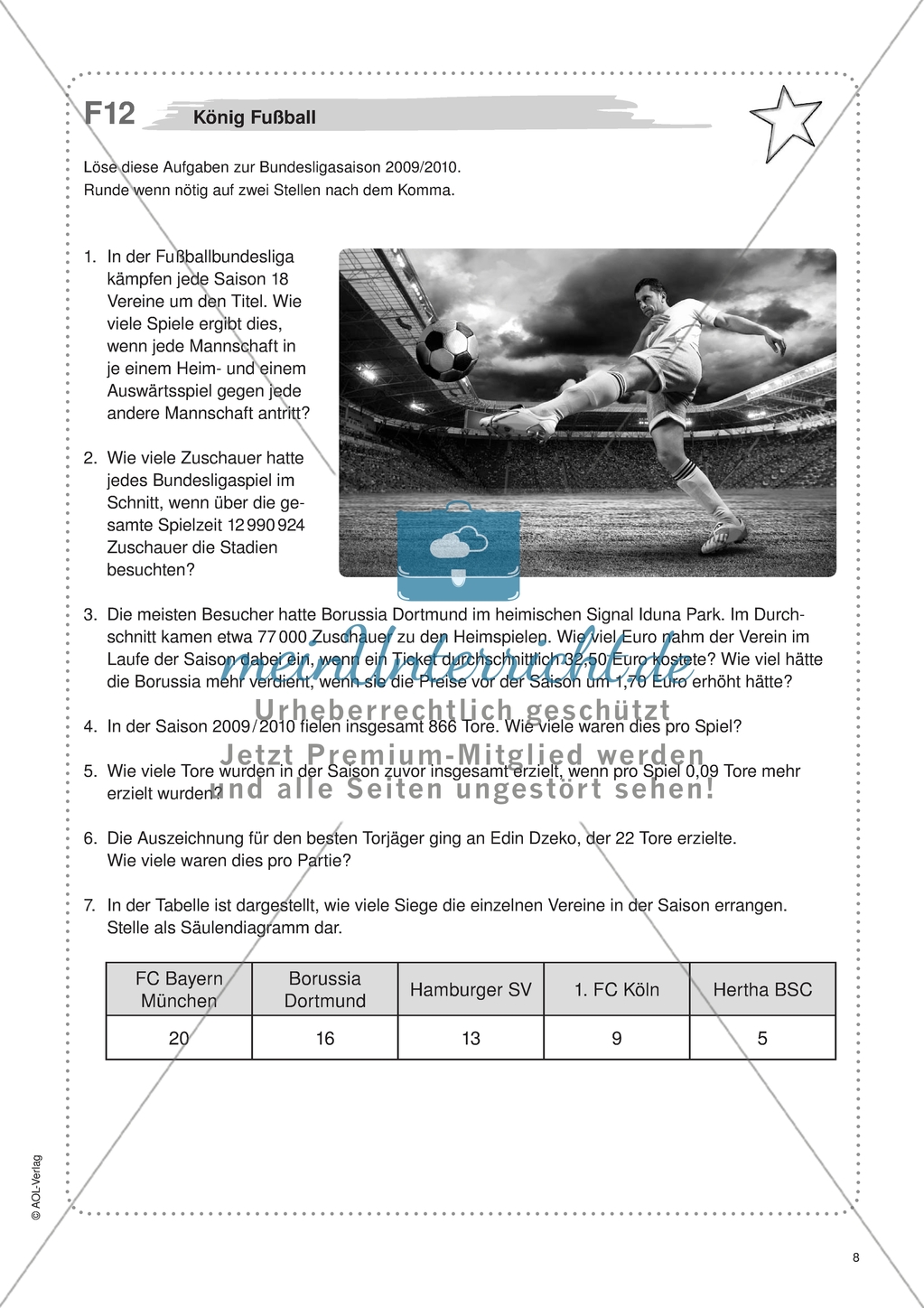 Material für eine Freiarbeit zum Thema Sachbezogene Mathematik - König Fußball. Preview 1