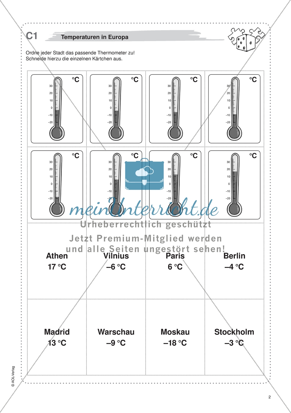 Material für eine Freiarbeit zum Thema Ganze Zahlen - Temperaturen in Europa. Preview 1