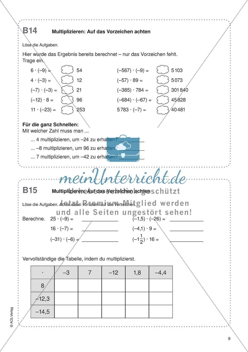 Aufgaben für eine Freiarbeit zum Thema: Rationale Zahlen - Multiplikation. Preview 1
