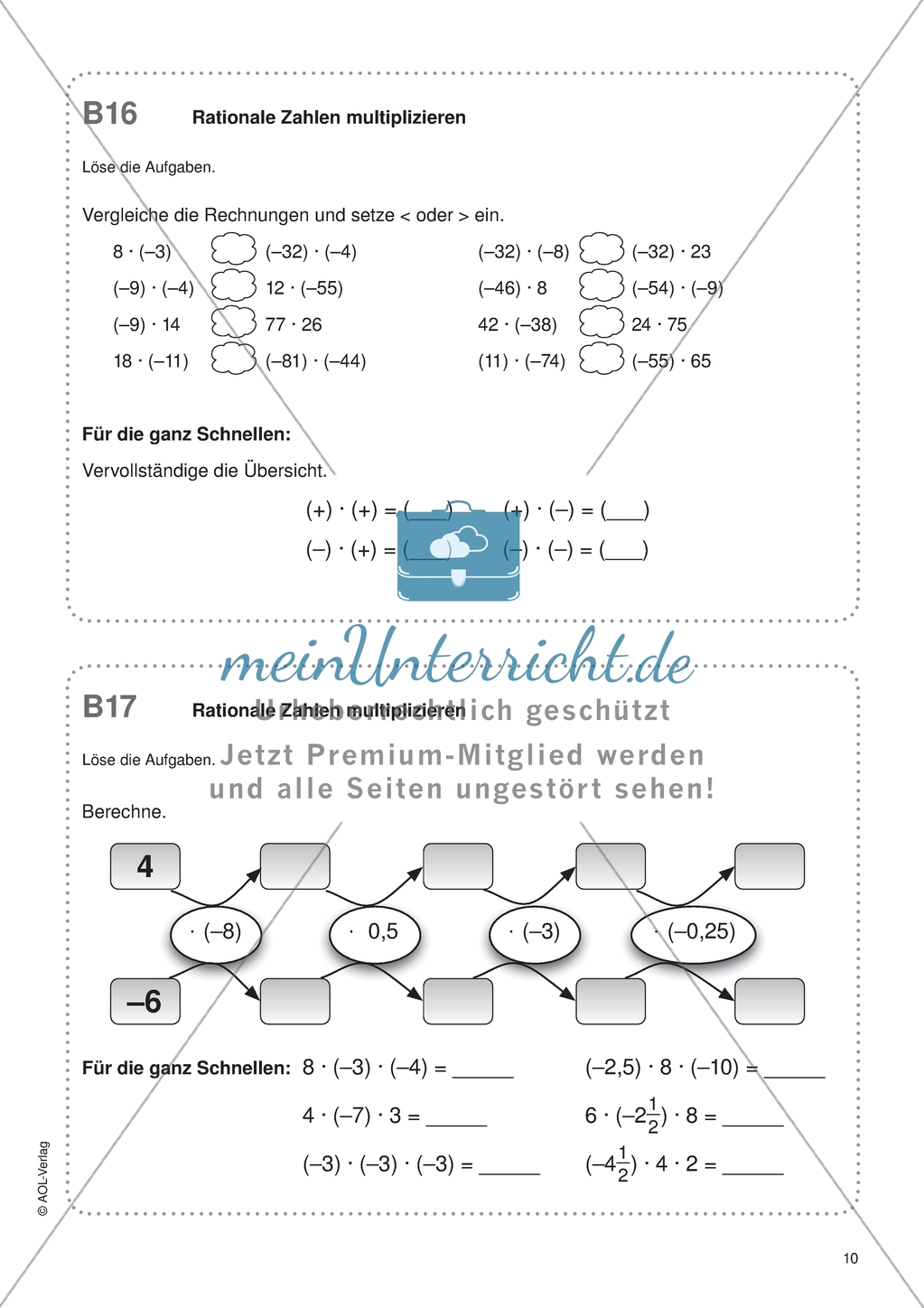 Aufgaben für eine Freiarbeit zum Thema: Rationale Zahlen - Multiplikation. Preview 2