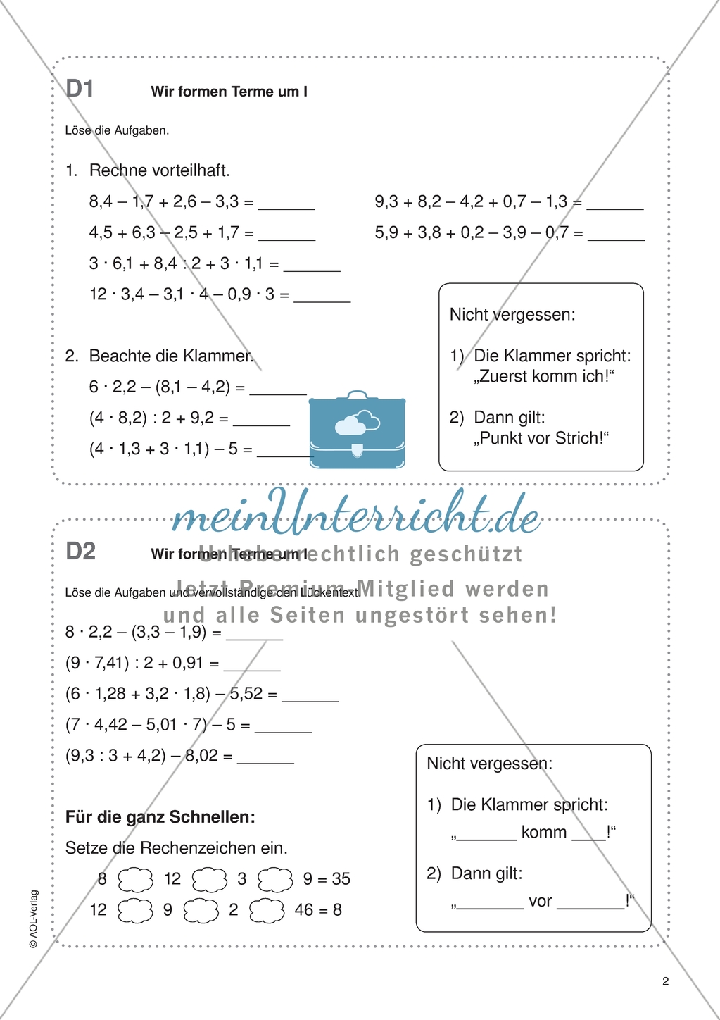 Freiabeit zum Thema: Terme und Gleichungen - Wir formen Terme um. Preview 1
