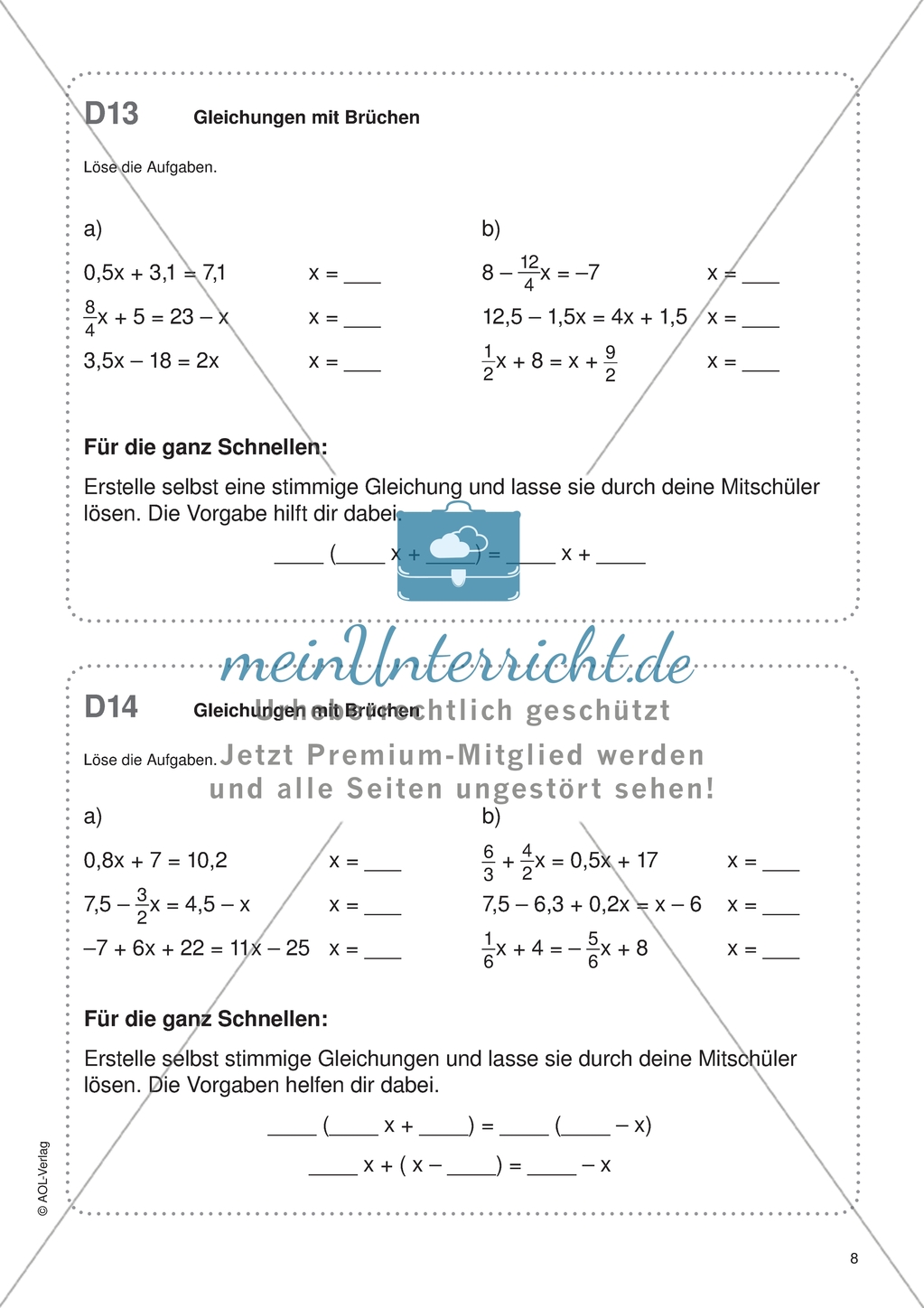 Freiabeit zum Thema: Terme und Gleichungen - Gleichungen mit Brüchen. Preview 1