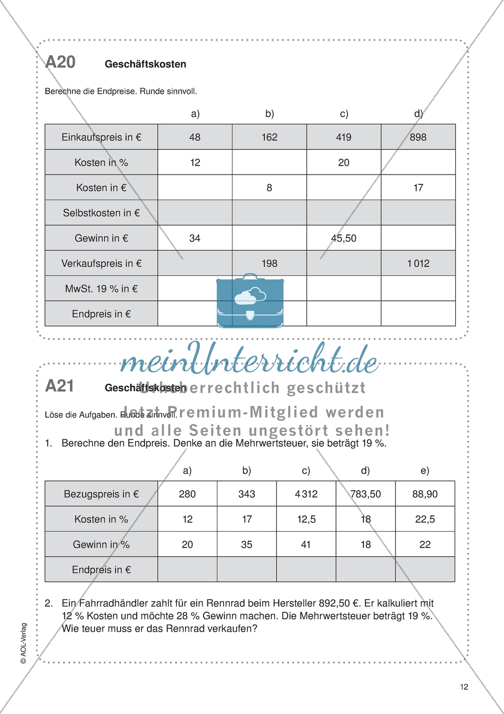 Aufgaben für eine Freiarbeit zum Thema: Prozentrechnen - Geschäftskosten. Preview 1