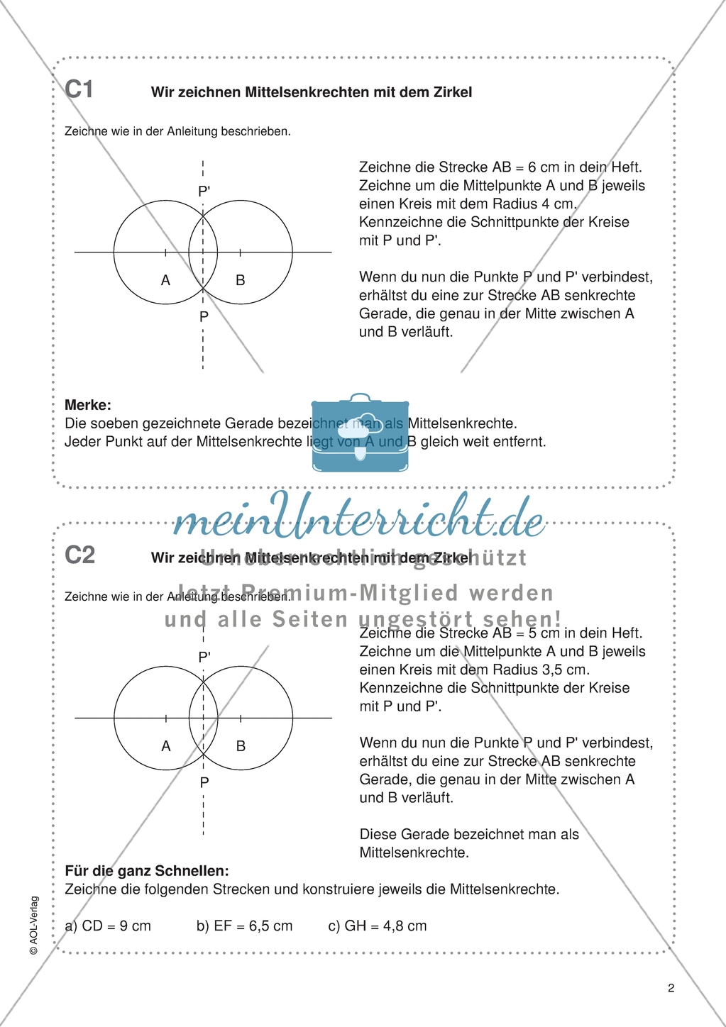 Aufgaben für eine Freiarbeit zum Thema: Zeichnen und Berechnen von Flächen - Mittelsenkrechten mit dem Zirkel zeichnen. Preview 1