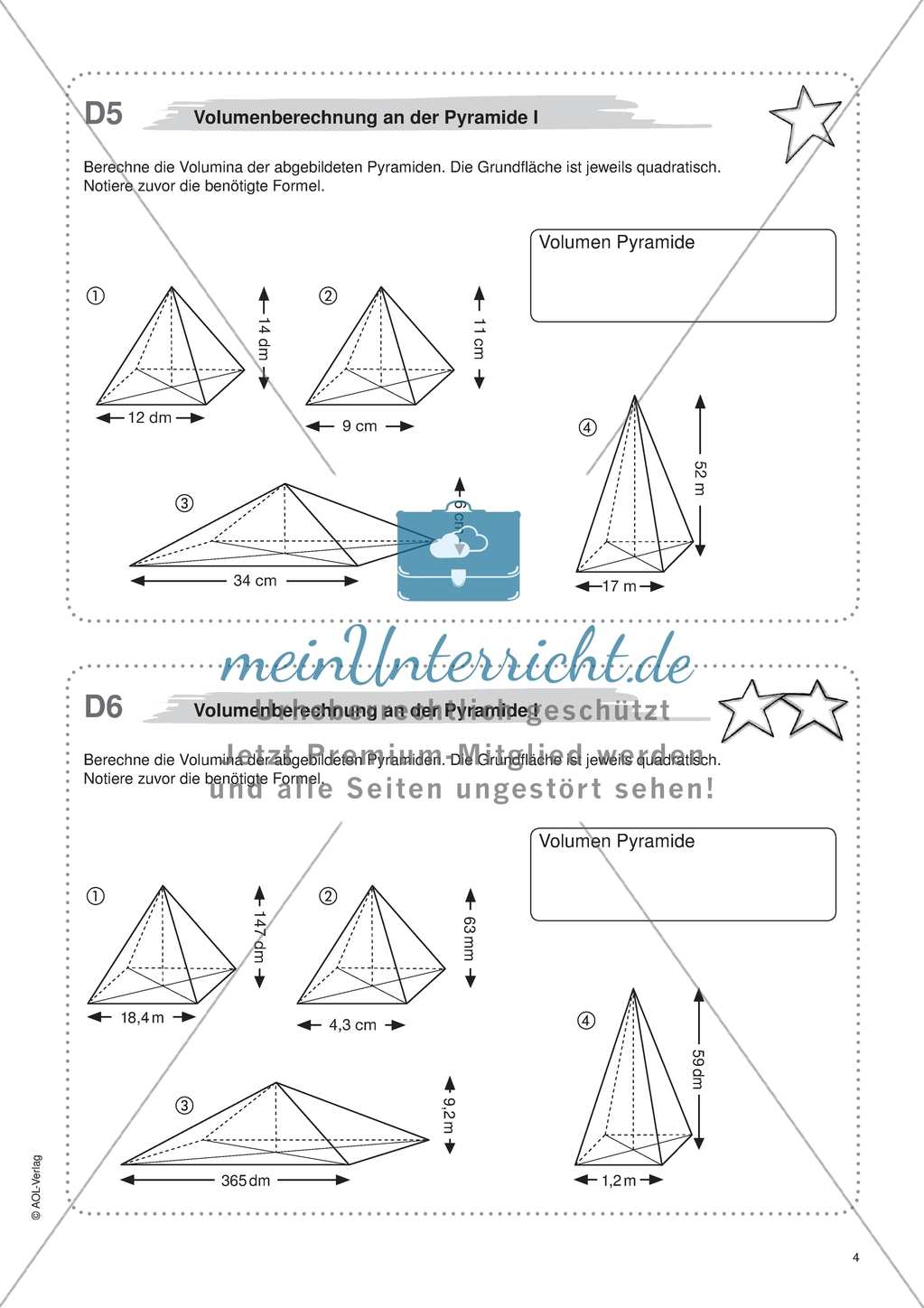 Aufgaben für eine Freiarbeit zum Thema: Geometrische Körper - Volumenberechnungen an der Pyramide. Preview 1