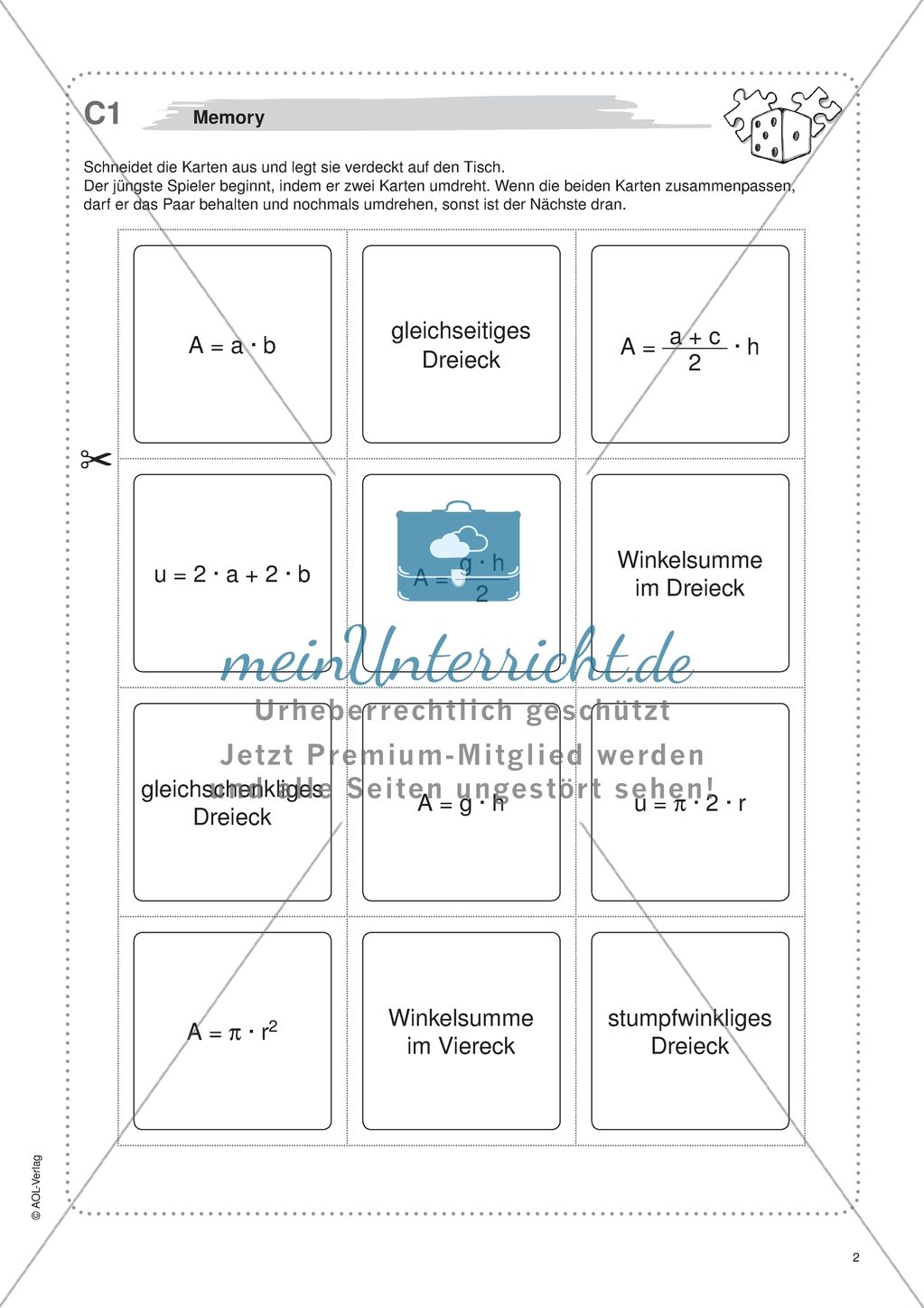 Aufgaben für eine Freiarbeit zum Thema: Geometrische Flächen - Memory. Preview 1