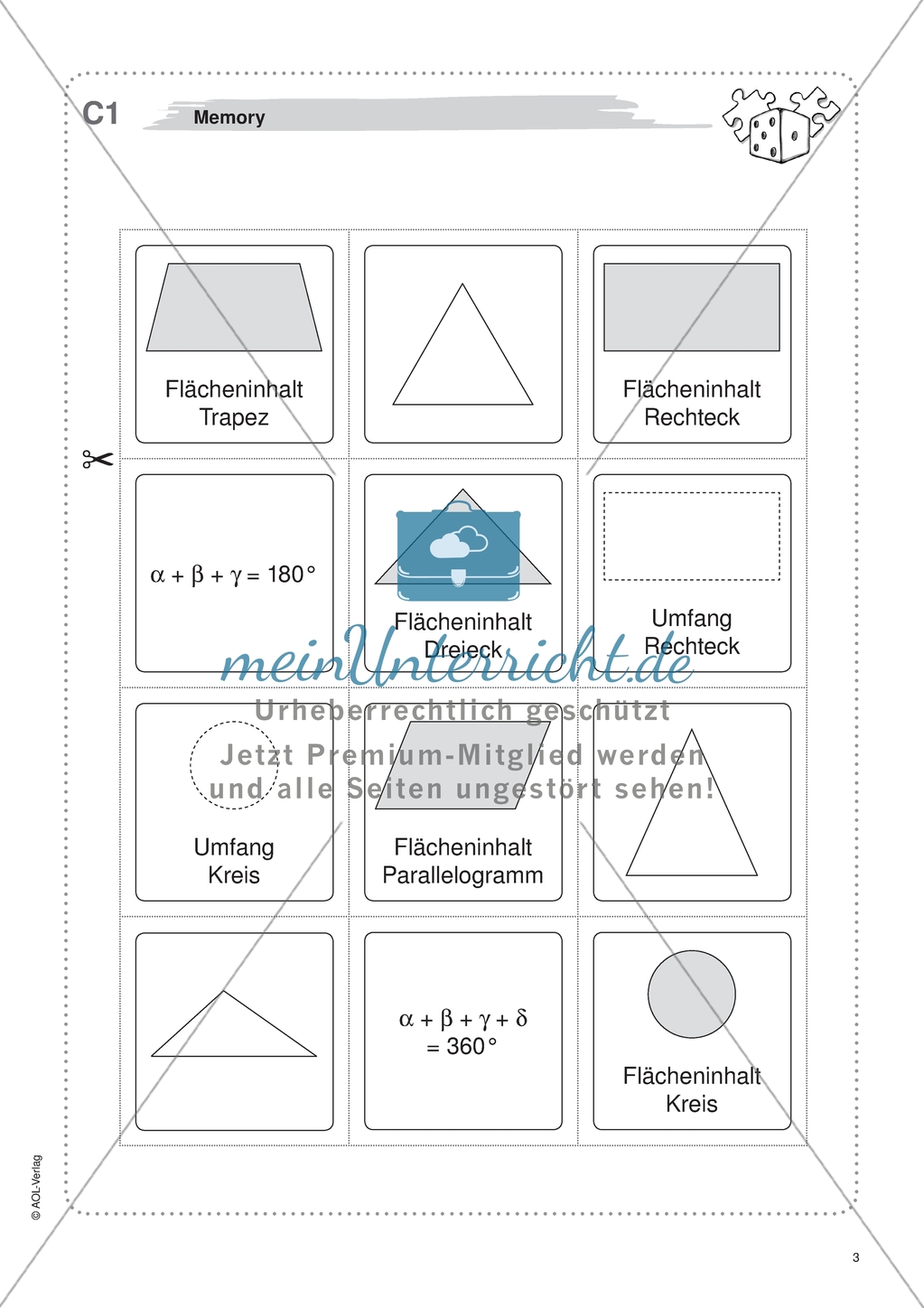 Aufgaben für eine Freiarbeit zum Thema: Geometrische Flächen - Memory. Preview 2